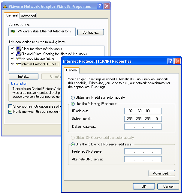 VMnet8 properties IP Address VMnet8 properties IP Address